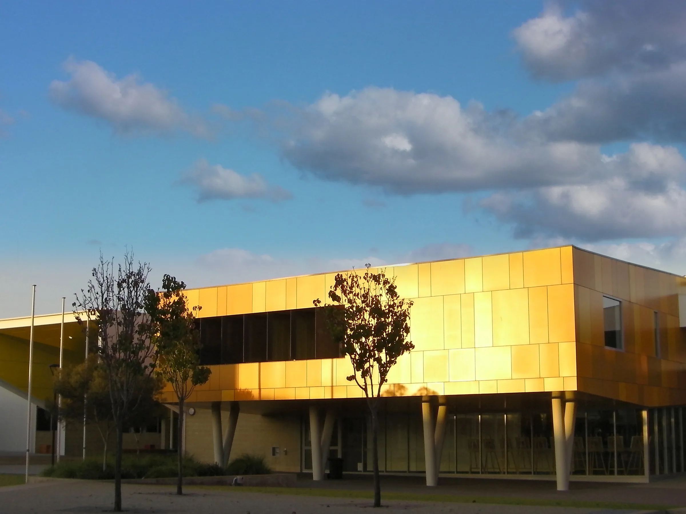 Amber composite cladding wrapping a college building under a clouded sky